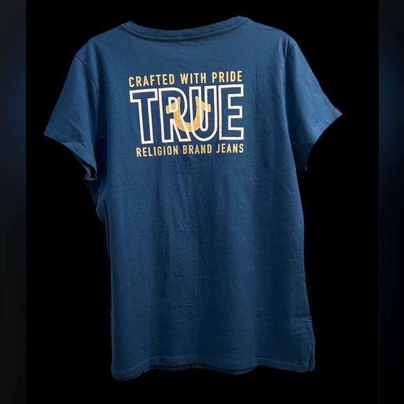 True Religion Blue/Dark Teal V-Neck T-Shirt with Gold Horse Shoe Size XXL - Picture 4 of 7